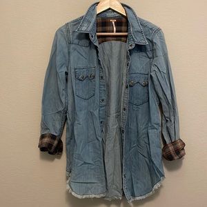 Free People oversized denim shirt with plaid detail